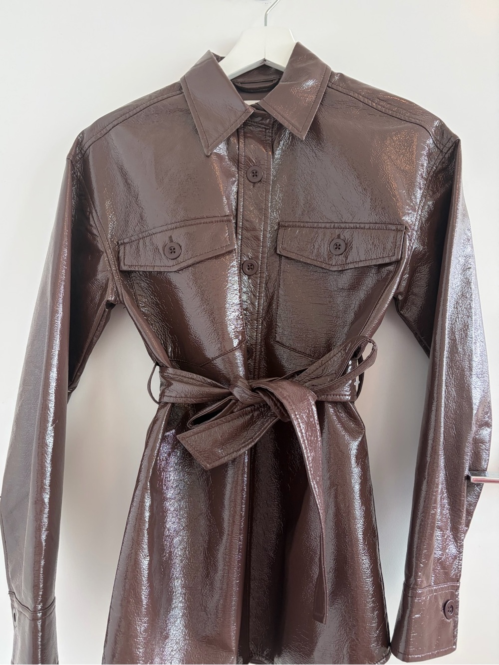 Aritzia Babaton Faux Leather Belted Shirt Jacket Chocolate Brown